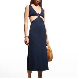 Cult Gaia Knit Midi Dress Cutout Ring Front Navy Minimalist Designer Size XL NWT